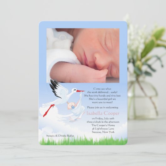 De vroege levering van Stork Foto Post Baby shower Kaart (Staand voorkant)