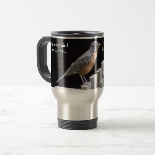 De vroege vogel houdt van koffie... reisbeker (Voorkant links)
