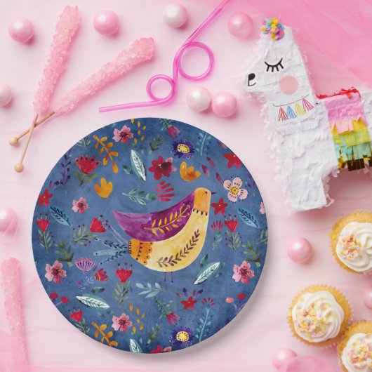 De vroege vogel in de bloementuin papieren bordje (Feest)