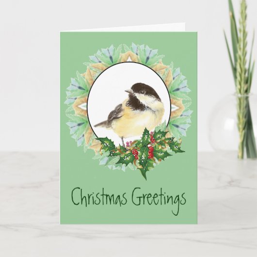 De vrolijke Hulst van de Vogel van Chickadee van Feestdagen Kaart (Voorkant)