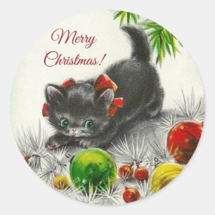 De vrolijke Kat van het Kat van Kerstmis Vintage Ronde Sticker