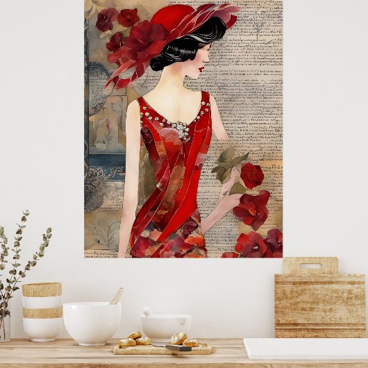 De vrouw in een rode jurk collage Poster (Keuken)