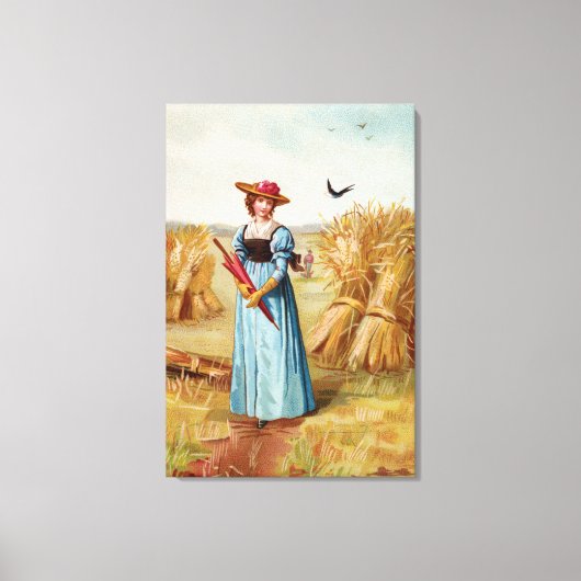 De vrouw in het tarweveld omwikkelde canvasprint canvas afdruk (Voorkant)