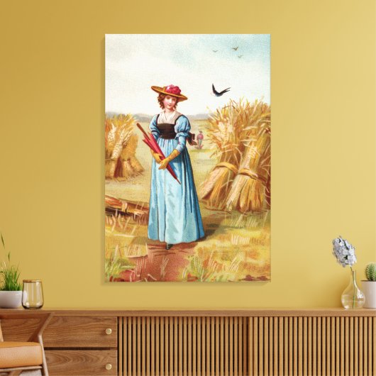 De vrouw in het Wheat Field Wrapped Canvas (Insitu (Woonkamer))