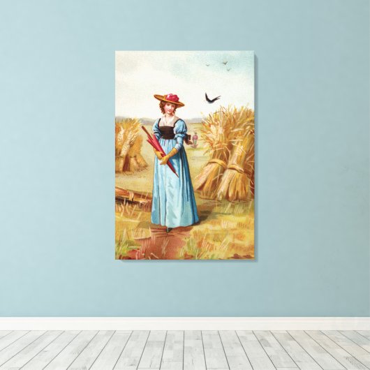 De vrouw in het Wheat Field Wrapped Canvas (Insitu (Houten vloer))