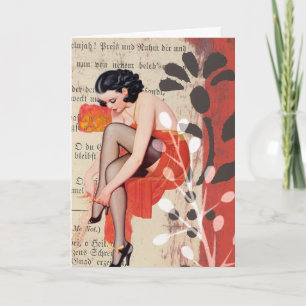 De vrouw in rode lingerie, verjaardag kaart