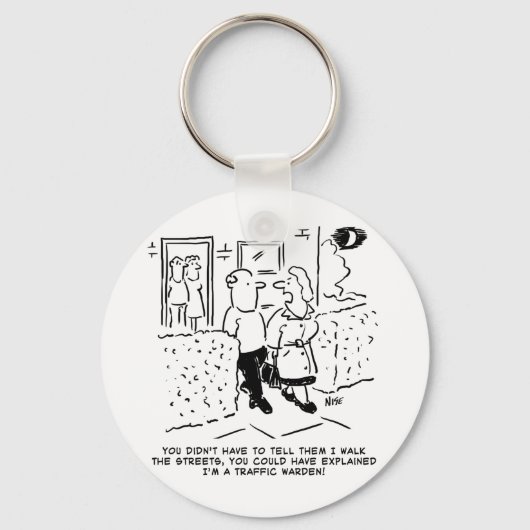 De vrouw loopt de straten als Verkeer. Funny Carto Sleutelhanger (Voorkant)