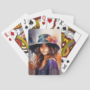 De vrouw met de hoed: portret van vibrante gratie pokerkaarten