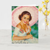 De vrouw met een roze paraplu, verjaardag kaart (Gele Bloem)