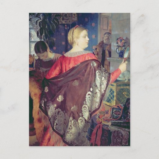 De vrouw van de handelaar met een spiegel briefkaart (Voorkant)