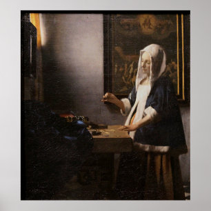 De vrouw van Johannes Vermeer die een balans ophou Poster