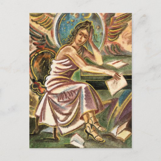 De vrouwelijke schrijver denkt aan het schilderen  briefkaart (Voorkant)