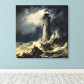 De vuurtoren in Storm Fine Art Canvas Afdruk (Insitu (Houten vloer))