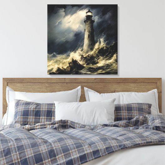 De vuurtoren in Storm Fine Art Canvas Afdruk (Insitu (Slaapkamer))