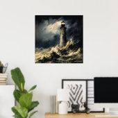 De vuurtoren in Storm Fine Art Poster (Thuiskantoor)