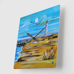 De vuurtoren op het strand Schilderij van Alfred F Vierkante Klok