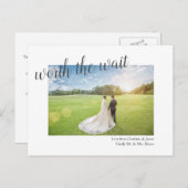 De wachttijd is uitgesteld. Uiteindelijk getrouwd Aankondigingskaart (Voorkant / Achterkant)