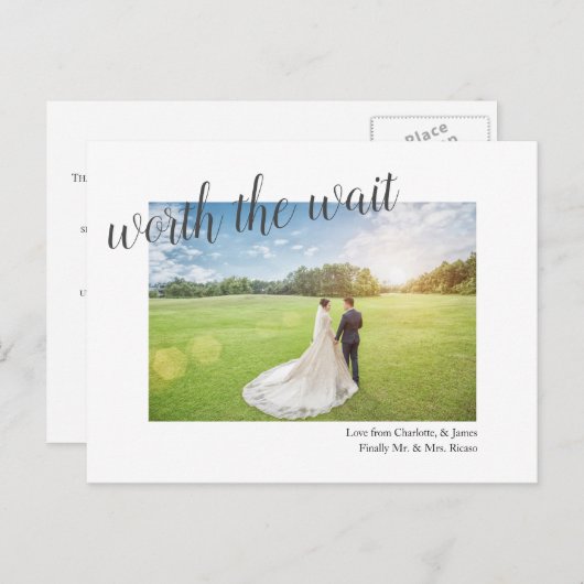 De wachttijd is uitgesteld. Uiteindelijk getrouwd Aankondigingskaart (Voorkant / Achterkant)