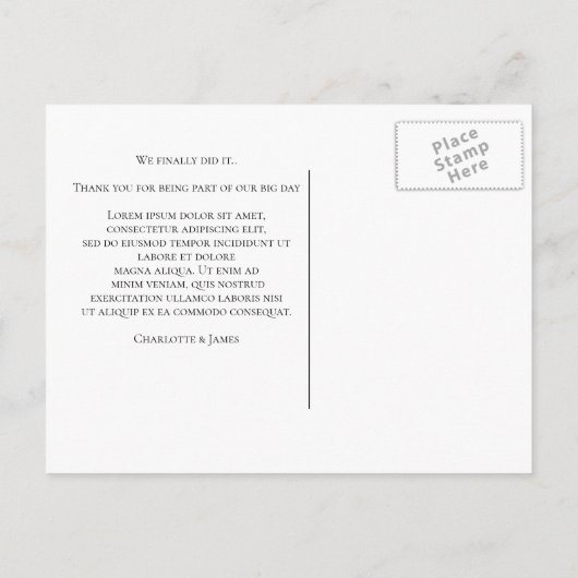 De wachttijd is uitgesteld. Uiteindelijk getrouwd Aankondigingskaart (Achterkant)