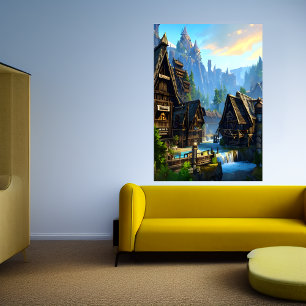 De waterval van de stad Viking en de berg AI Art Poster