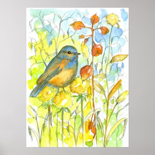 De Waterverf Blauwvogel in de herfst Poster (Voorkant)