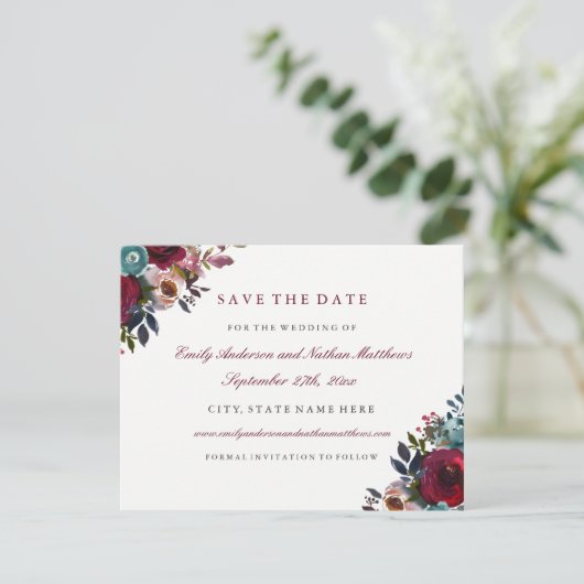 De Waterverf van Burgundy Floral Wedding bewaart d Save The Date (Staand voorkant)