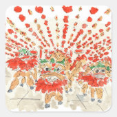De Waterverf van de Chinese Lion Dance Vierkante Sticker (Voorkant)