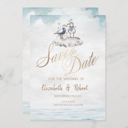 De Waterverf van de waterverf Seagulls Beach spare Save The Date (Voorkant / Achterkant)