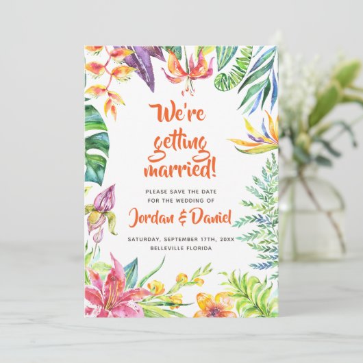 De Waterverf van Tropische Bloemen sparen de Datum Save The Date (Staand voorkant)