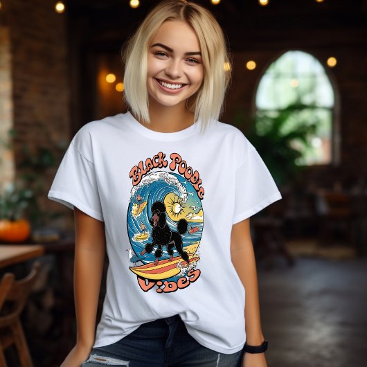 De Wave Rider Surfing Black Poodle T-shirt
