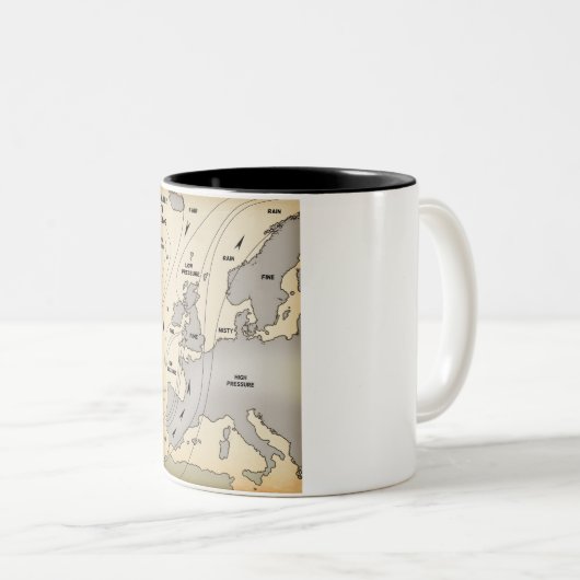 De weerkaart van de Britse eilanden en Europa. Tweekleurige Koffiemok (Voorkant rechts)