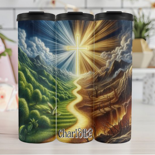 De weg naar het verlichte kruis thermosbeker