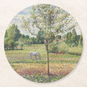 De weide met grijze paard, Eragny, Olieverfschilde Ronde Kartonnen Onderzetter