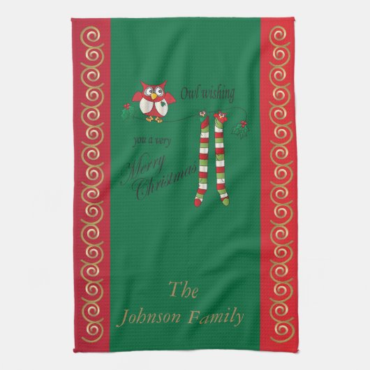 De Wens van de uil u Vrolijke Kerstmis Theedoek (Verticaal)