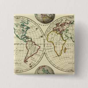 De wereld met continentale grenzen vierkante button 5,1 cm