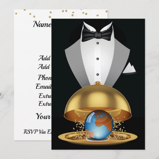 De wereld op een Gold Platter uitnodiging (Voorkant / Achterkant)