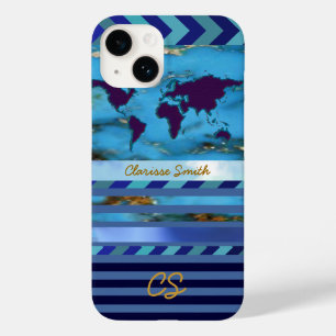 de wereld, strepen en naam op turkooisblauw Case-Mate iPhone case