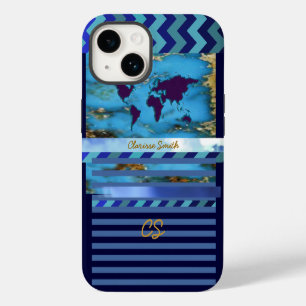 de wereld, strepen en naam op turkooisblauw iPhone 14 hoesje