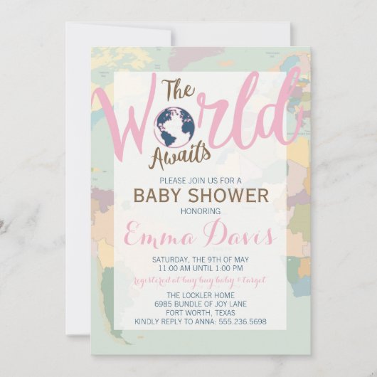 De Wereld Wacht Baby Shower Uitnodiging, Meisje Kaart (Voorkant)