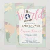 De Wereld Wacht Baby Shower Uitnodiging, Meisje Kaart (Voorkant / Achterkant)