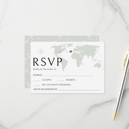 De wereldkaart van het bestemmingshuwelijk RSVP-an RSVP Kaartje (Voorkant / Achterkant in situ)