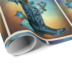 De westerne Blauwe Laars van de Cowboy met Rozen Cadeaupapier