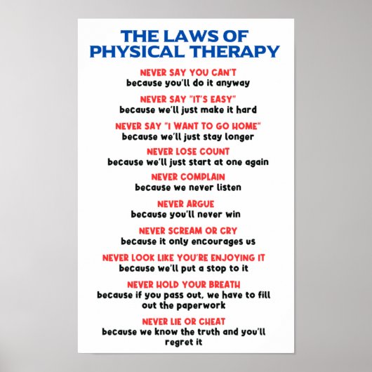 De wetten van fysiotherapie - Grappig Motivatie Poster (Voorkant)