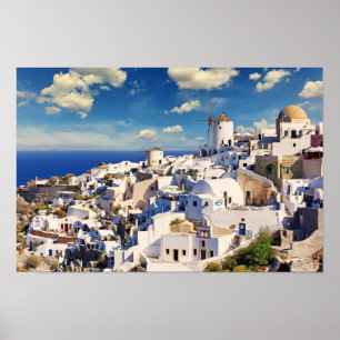 De windmolens in Oia of Santorini, Griekenland Poster