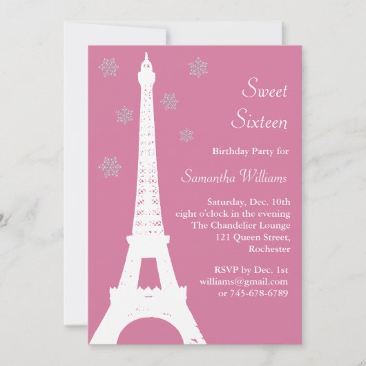 De winter in Parijs: Birthday Invite roze Kaart (Voorkant)