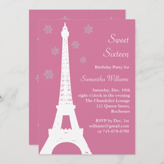 De winter in Parijs: Birthday Invite roze Kaart (Voorkant / Achterkant)