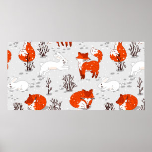 De winter naadloos met schattige vossen en bunny. poster