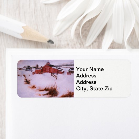 De wintersneeuw bedekte rode schuur, boerderij lan etiket (Insitu)