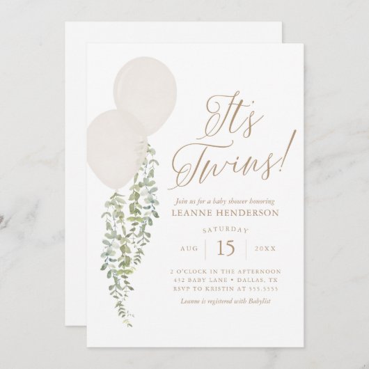 De witte ballon-eucalyptus-babyborrel voor tweelin kaart (Voorkant / Achterkant)