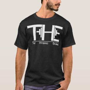 De witte belettering van de hybride motor t-shirt